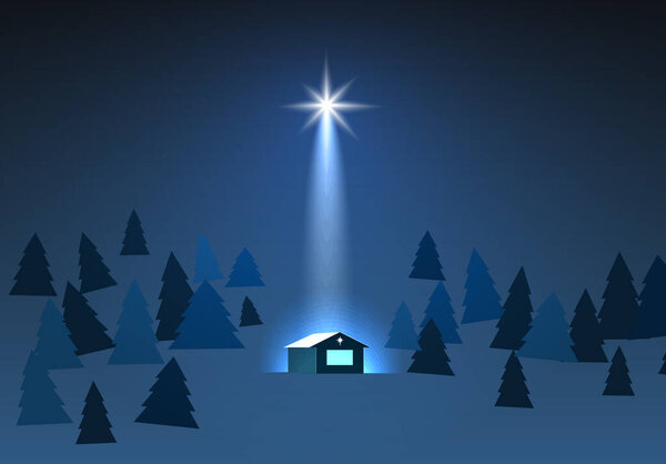  The birth of Jesus Christ. Star indicates the christmas of Jesus Christ. Winter forest and starry sky. Christmas star. Nativity Christmas concept.