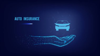 Araba sigortası kavramı. Avucundaki araba üçgenlerden ve koyu mavi arkaplandaki parlak noktalardan. Çokgen illüstrasyon.