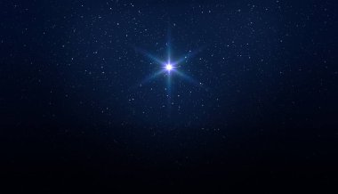 Yıldızlı gece gökyüzünde parlak bir yıldız. Beytüllahim 'in Doğuşu' nun Noel yıldızı, İsa 'nın Doğuşu. Koyu mavi gökyüzünün ve parlak yıldızın arka planı