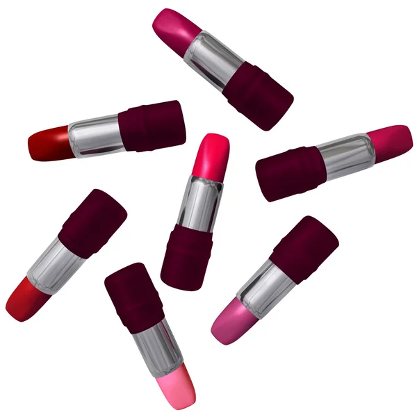 Seven tubes of lipstick in a three-dimensional image isolated — Stock Photo, Image