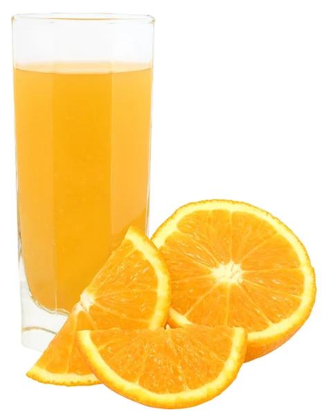 Vidro com suco de laranja e laranja fatiada — Fotografia de Stock