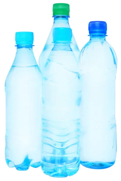 Definir garrafas azuis com água isolada — Fotografia de Stock