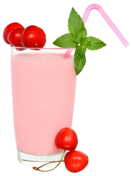 Fruit smoothie decorated pair of cherries — Stock Photo, Image