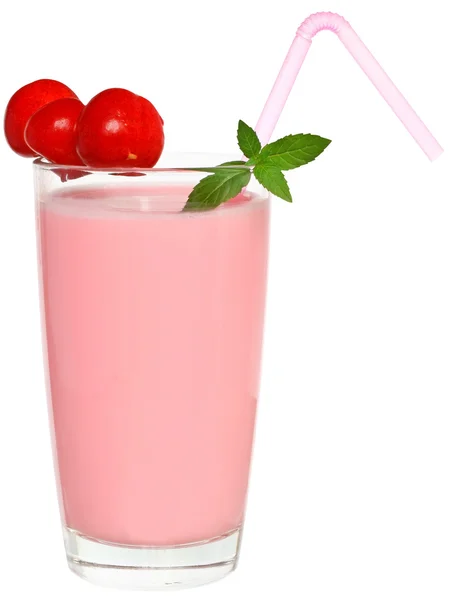 Fruit smoothie decorated pair of cherries — Stock Photo, Image