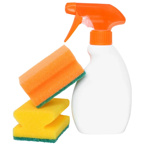 Bottle of detergent with two cleaning sponge — Stock Photo, Image