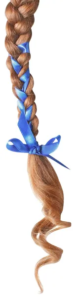 Women braid decorated with a blue bow isolated on white. — Stock Photo, Image