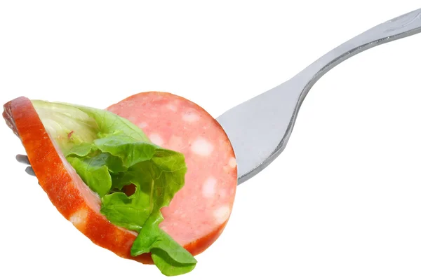 Fork with Sausage and salad. — Stock Photo, Image