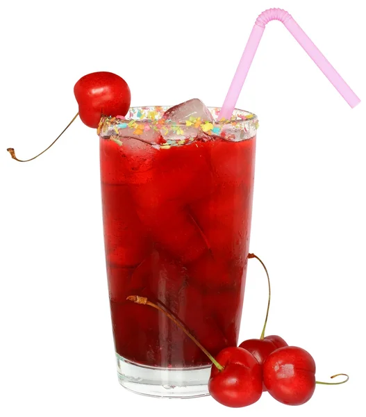与樱桃和冰多维数据集在一杯水果鸡尾酒 — 图库照片