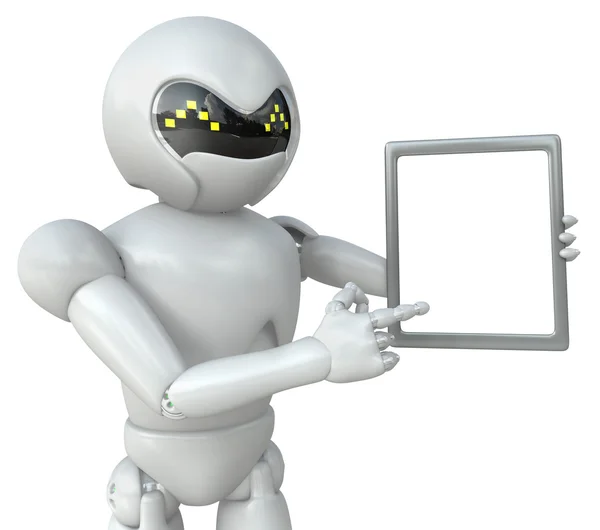 Three dimensional image of a robot hand pointing to the tablet c — Stock Photo, Image