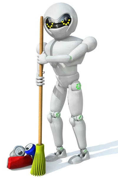 Three-dimensional image of a robot cleaner with a broom in his h — Stock Photo, Image