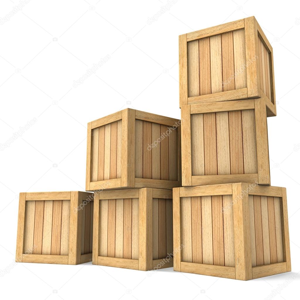 Three-dimensional image of a heap of wooden boxes