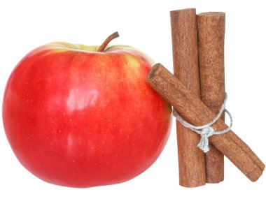 Kırmızı elma ile bir iple bağlanmış üç tarçın