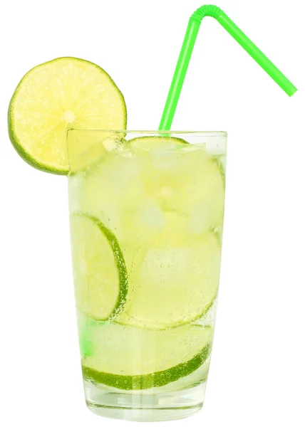 Mojito cocktail with green lime and drinking straw in highball g — Stock Photo, Image