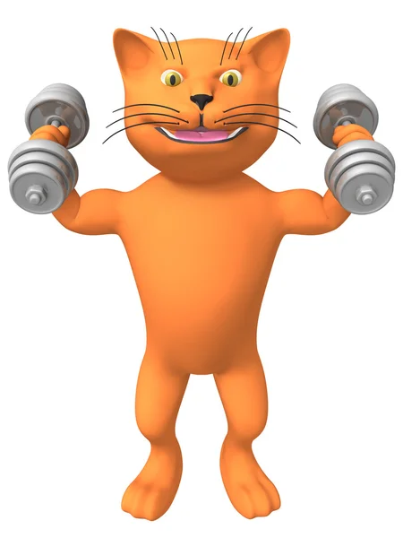 A three-dimensional image of a cat with dumbbells. — Stock Photo, Image