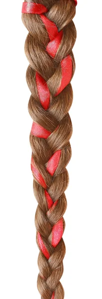 Trenza de mujer decorada con una cinta roja aislada en blanco —  Fotos de Stock