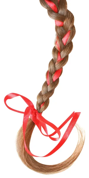 Women braid decorated with a red bow isolated on white. — Stock Photo, Image