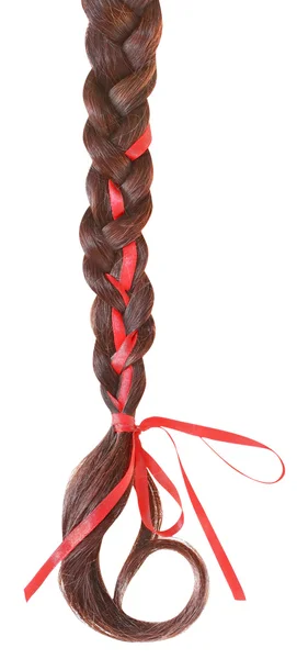 Women braid decorated with a red bow isolated on white. — Stock Photo, Image