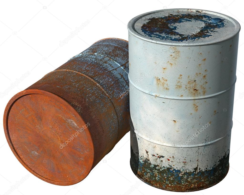Two old, dirty with peeling paint barrel.