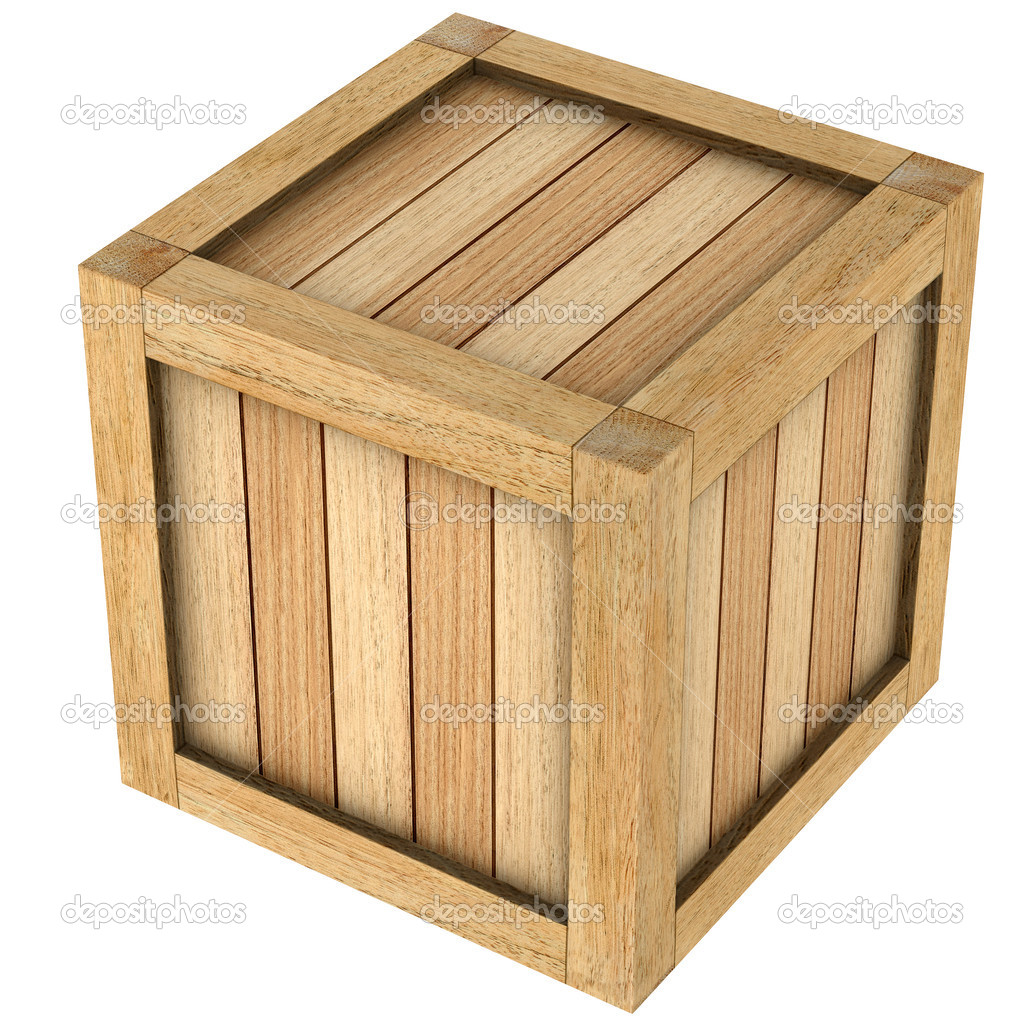 Three-dimensional image of wooden box close up isolated.