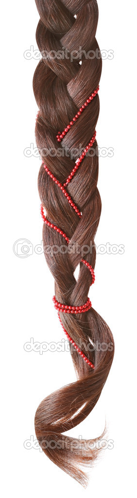 Braid decorated with a string of beads isolated on white.