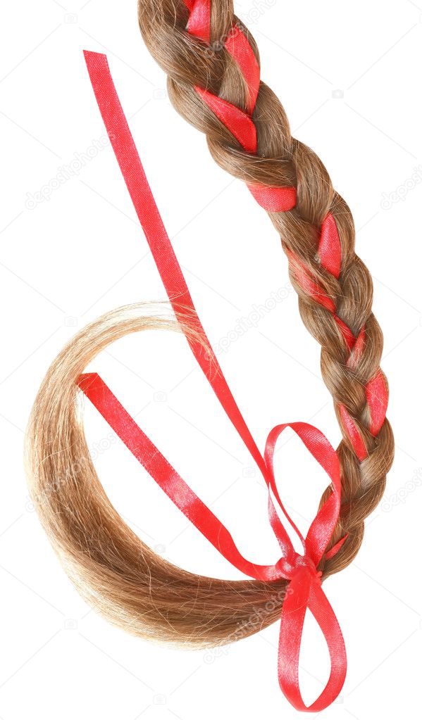 Women braid decorated with a red bow isolated on white.