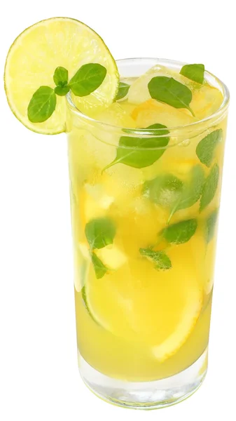 Fruit lemonade with lime and ice cubes in a glass — Stock Photo, Image