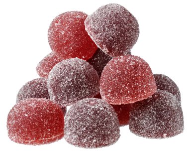 Beyaz bir arka plan üzerinde yakın kırmızı ve turuncu şeker Avuç.