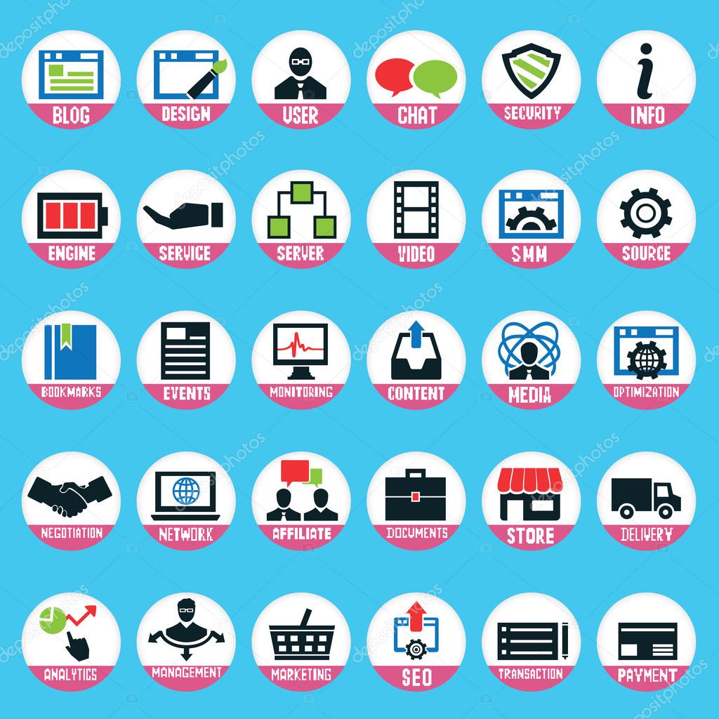 Set of pixel internet marketing service icons for design