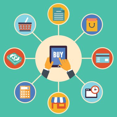 düz vektör tasarım e-ticaret semboller, online alışveriş ve satın alma