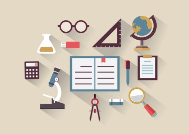 Eğitim ve bilgi düz kavramı. Eğitim uzun gölgeler ile semboller