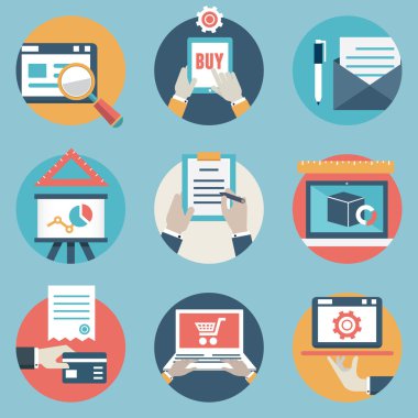 modern vektör simge ve işletme yönetimi veya bilgi ve analitik Tema simgeleri düz ayarlamak