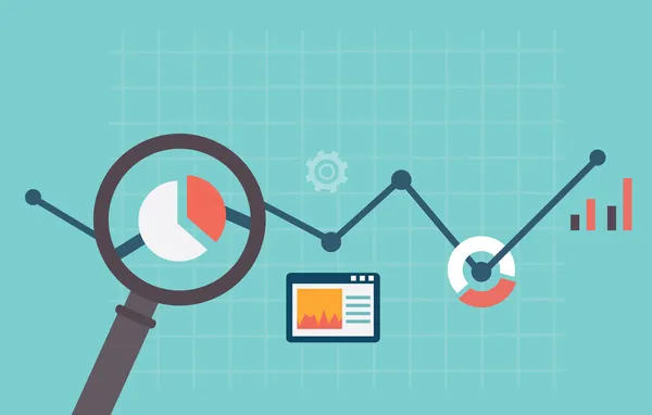 Illustrazione vettoriale piatta delle statistiche sui siti web di analisi delle informazioni e sviluppo web — Vettoriale Stock