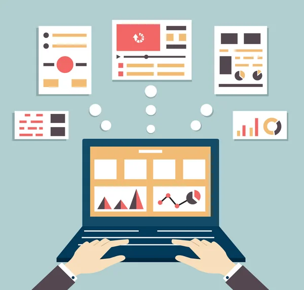 Illustration vectorielle plate de l'optimisation web et applicative, de la programmation, de la conception et de l'analyse — Image vectorielle