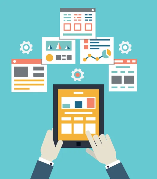 Ilustración vectorial plana de optimización de aplicaciones móviles, programación, diseño y análisis — Archivo Imágenes Vectoriales