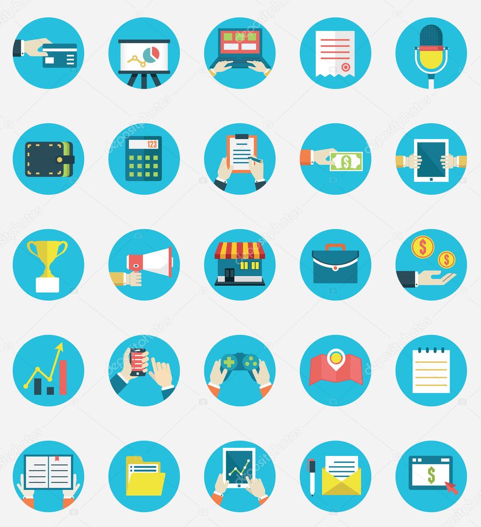 Set of business internet service and ecommerce icons. Symbols on management or analytics. Flat style
