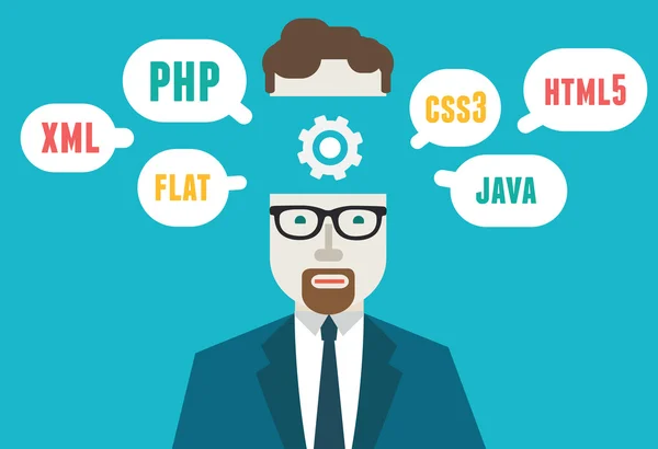 Ilustración vectorial plana de programador y codificación y programación de procesos. Flujo de trabajo y planificación — Vector de stock