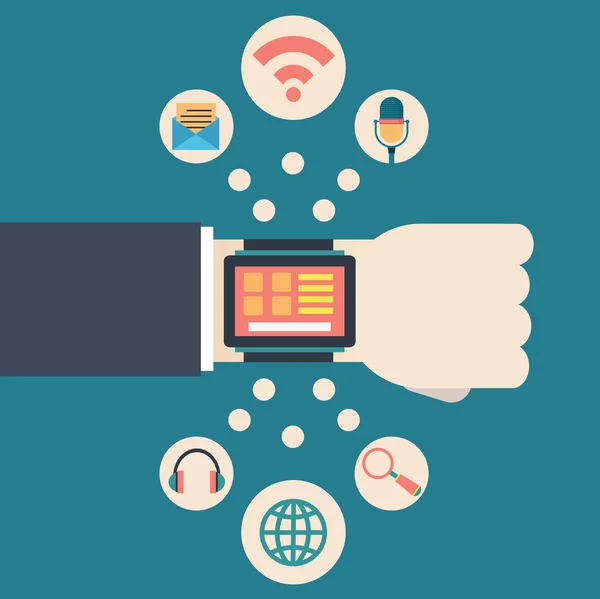 Ilustración plana vectorial de la mano del hombre de negocios con funciones de reloj de inteligencia electrónica y tecnología — Archivo Imágenes Vectoriales