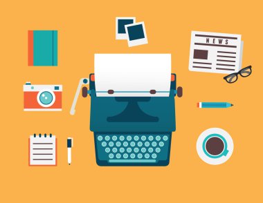 Vector flat illustration of workplace of typewriter with documents and equipment for blog. Old journalism theme clipart