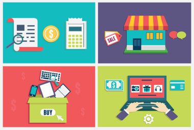 vektör düz kavramı işlemin online alışveriş. e-ticaret Infographic sembolleri. düz stil tasarım