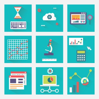 İş çizelgeleri uzun gölgeler ile vektör düz ayarlamak. analytics ve e-ticaret iş süreci