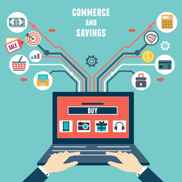 Concepto plano vectorial de comercio y ahorro. Compras por Internet — Archivo Imágenes Vectoriales