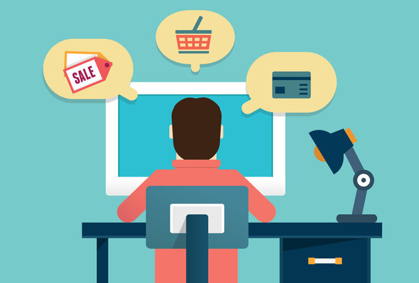 Flat concept of process e-marketing and e-commerce. Customer orders product