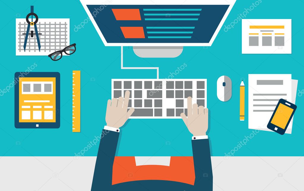 Vector flat illustration of process coding and programming mobile applications for devices. Design and programming