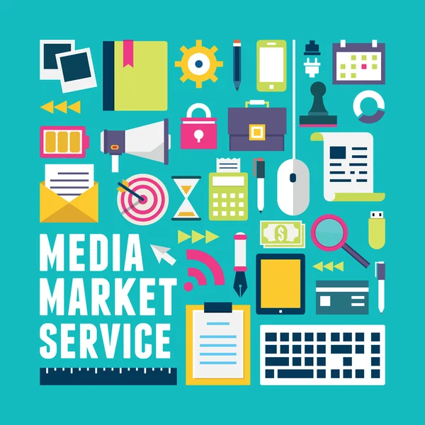 Concepto plano de servicio de mercado de medios. Documentos para las empresas — Vector de stock