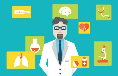 vektör çizimi erkek doktor ve tıbbi hizmet. düz stil tasarım