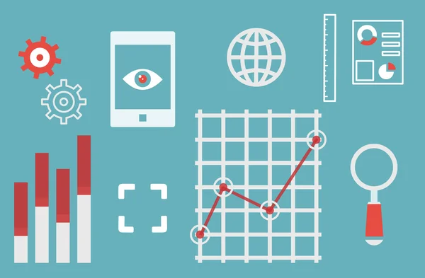 Illustrazione vettoriale delle statistiche sui siti web di informazione e sviluppo di web analytics con oggetti di contorno — Vettoriale Stock