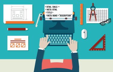 Web sitesi geliştirme ve programlama vektör çizimi. İşyeri donanımları ile programcı. Üstten Görünüm