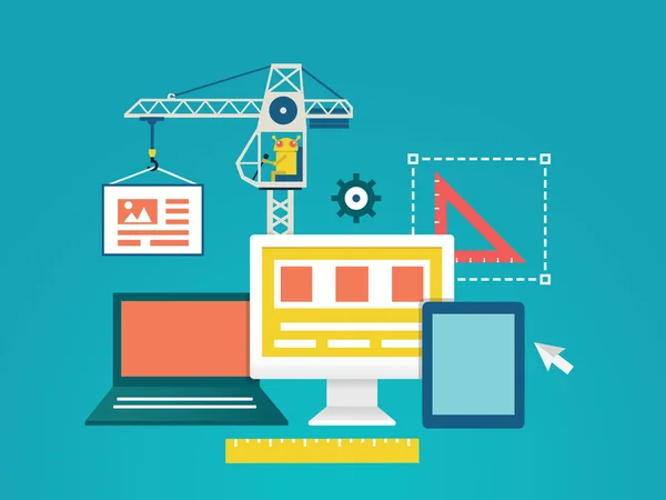 Ilustração plana vetorial de codificação de processos e programação de aplicativos móveis para dispositivos. Projeto e programação — Vetor de Stock