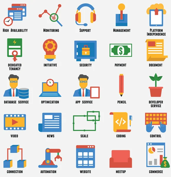 Conjunto de iconos de negocio y desarrollo. Gestión y servicio de relaciones con el cliente — Vector de stock