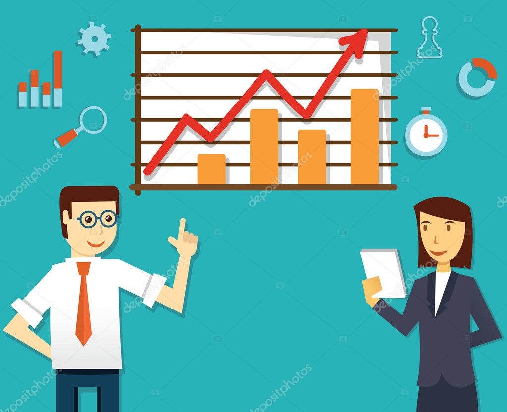 Vector illustration of ecommerce market of web analytics. Businesspeople and development 